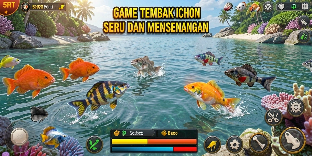 Screenshot gameplay 5RT menampilkan aksi menembak ikan yang seru dan berwarna.