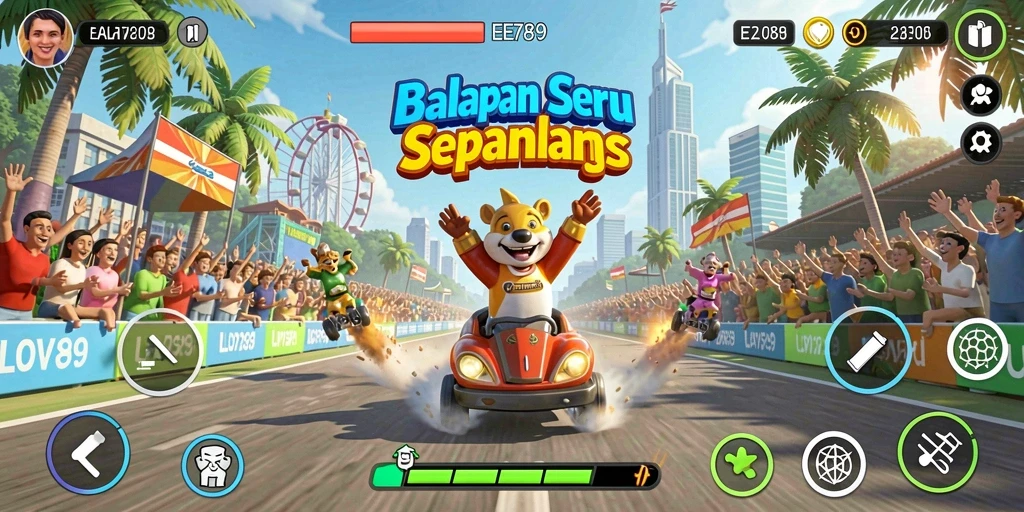 Tangkapan layar menampilkan aksi balapan yang mendebarkan dalam EE789.