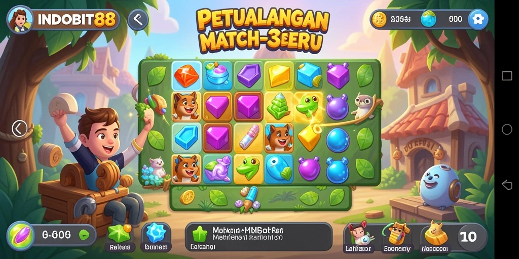 Gameplay seru INDOBIT88 dengan tantangan Match-3 yang mengasyikkan.