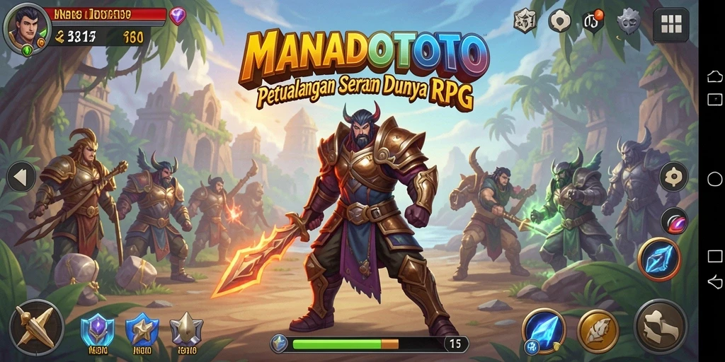 Screenshot gameplay MANADOTOTO menampilkan pertempuran seru dalam dunia fantasi.