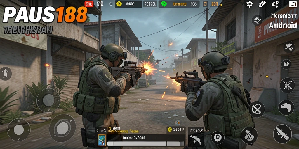 Screenshot PAUS188 menampilkan aksi tembak menembak yang intens.